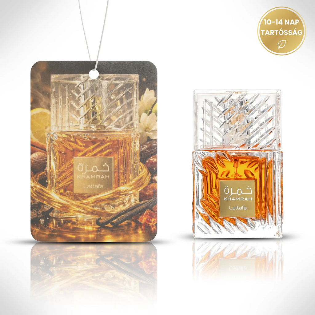 Lattafa Khamrah prémium parfümös autóillatosító látványterv az eredeti parfümmel