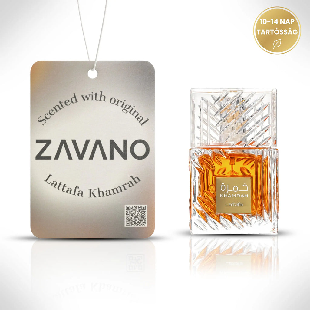 ZAVANO autóillatosító hátoldala QR kóddal és eredeti parfüm felirattal