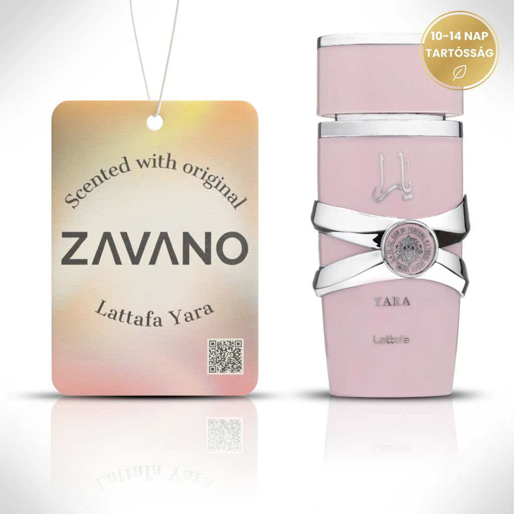 ZAVANO autóillatosító hátoldala QR kóddal és eredeti parfüm felirattal