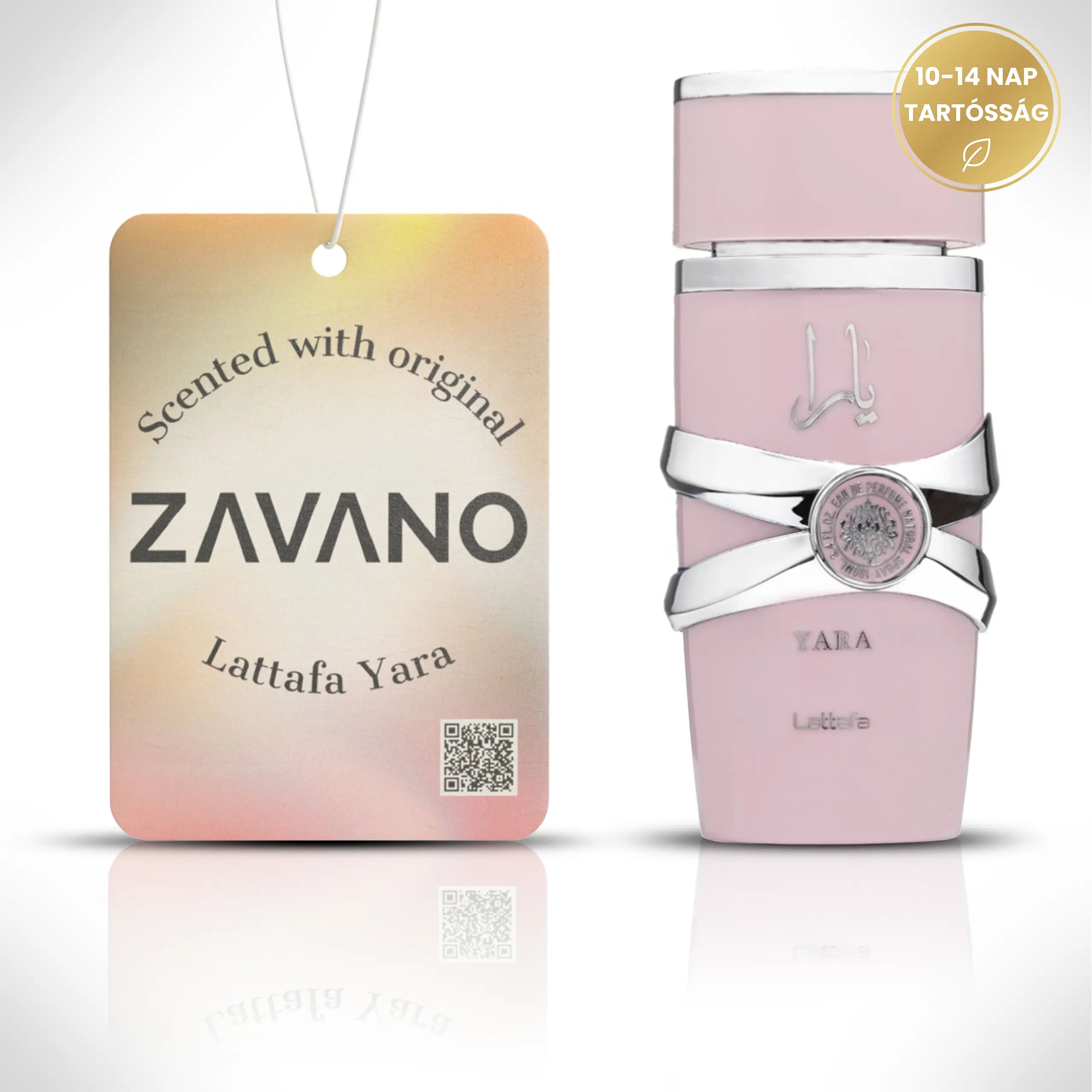 ZAVANO autóillatosító hátoldala QR kóddal és eredeti parfüm felirattal